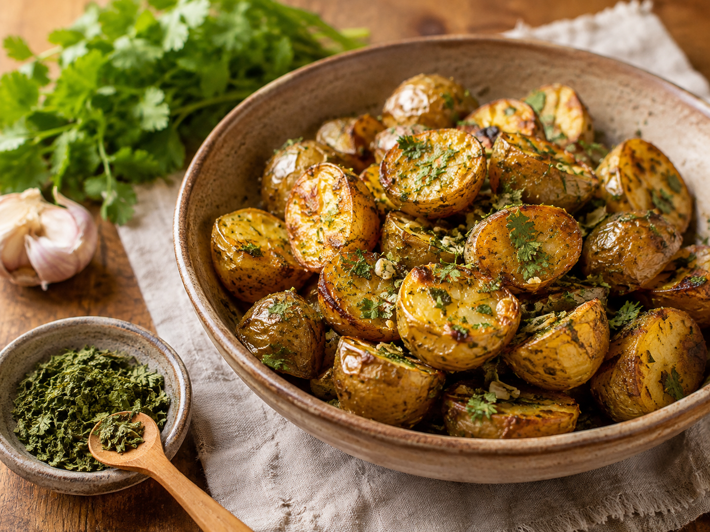 Crispy roasted baby potatoes with garlic and dried cilantro leaf