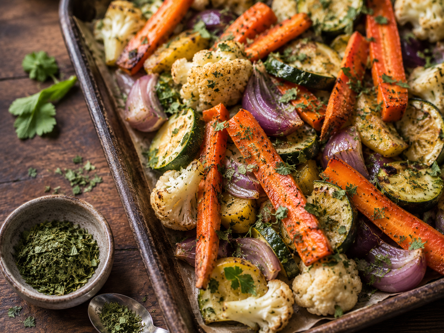 Roasted carrots, zucchini, cauliflower and red onion with dried cilantro leaf
