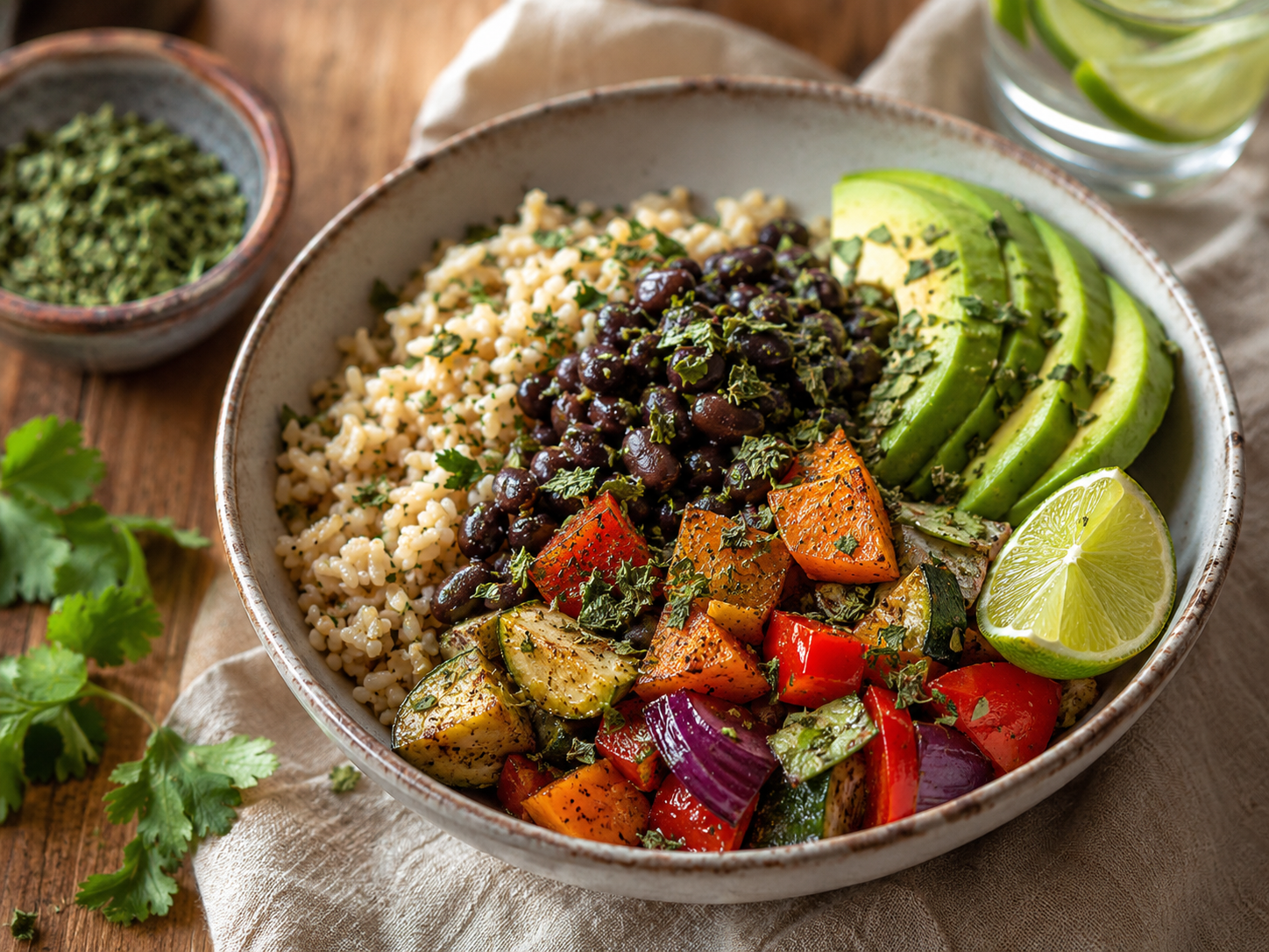 Brown rice bowl with black beans, roasted vegetables, avocado, lime and dried cilantro