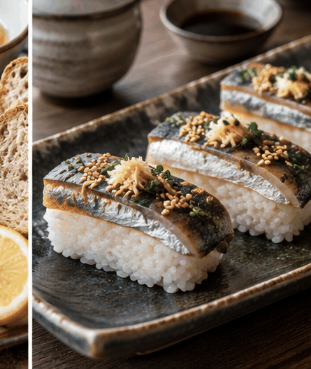 Japanese-style sardine sushi with vinegared rice, ginger, sesame and herbs.