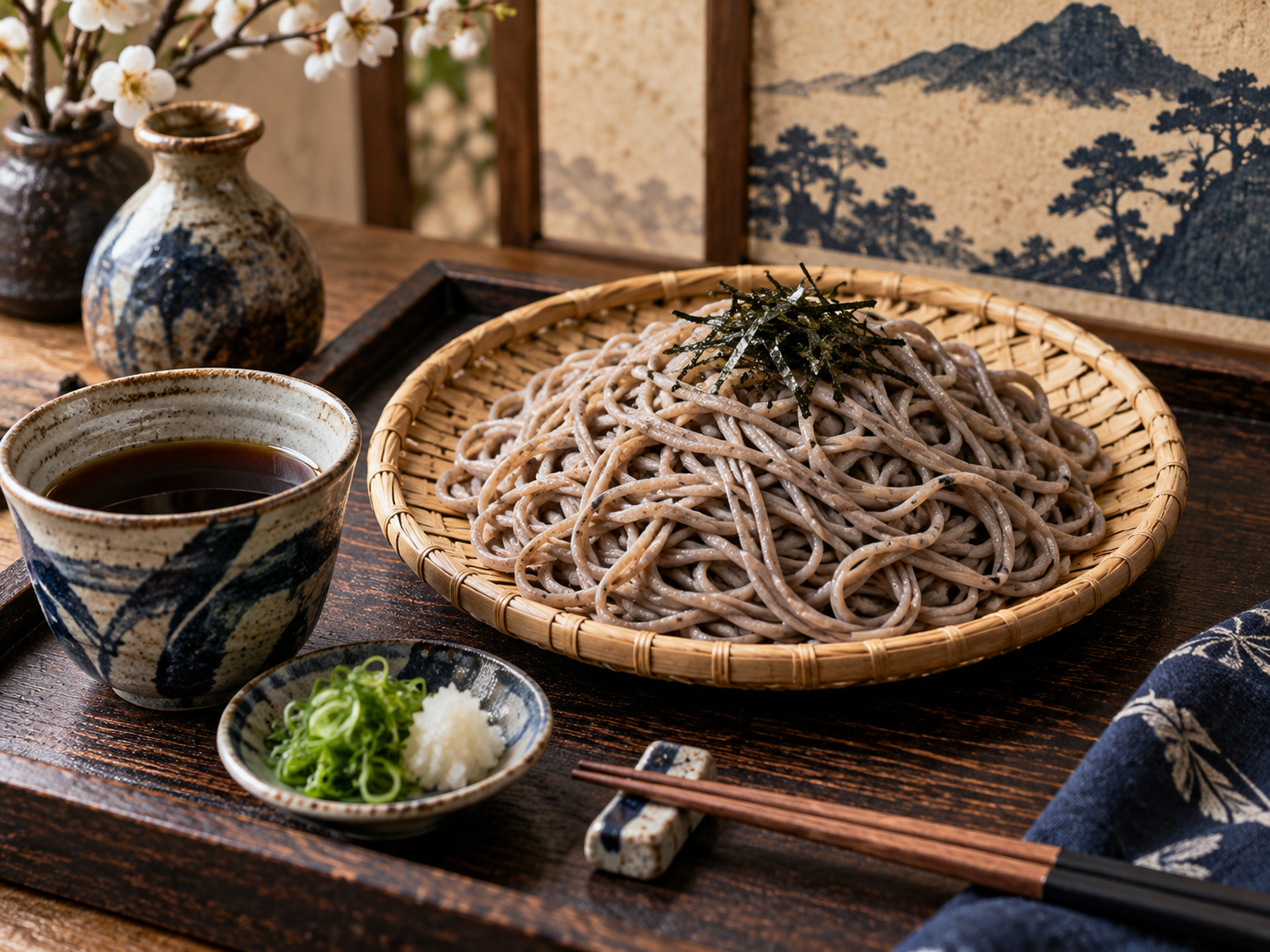 Japanese zaru soba with dipping sauce, scallions and grated daikon.