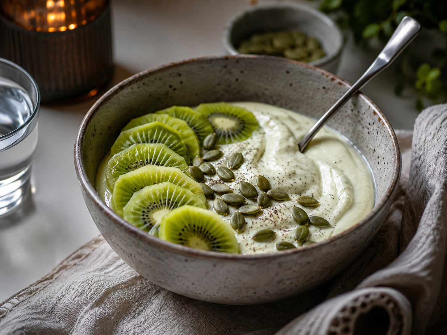 Greek yogurt bowl with sliced kiwi and pumpkin seeds.