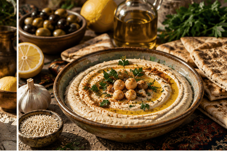 Hummus with tahini, chickpeas, olive oil, herbs and pita.