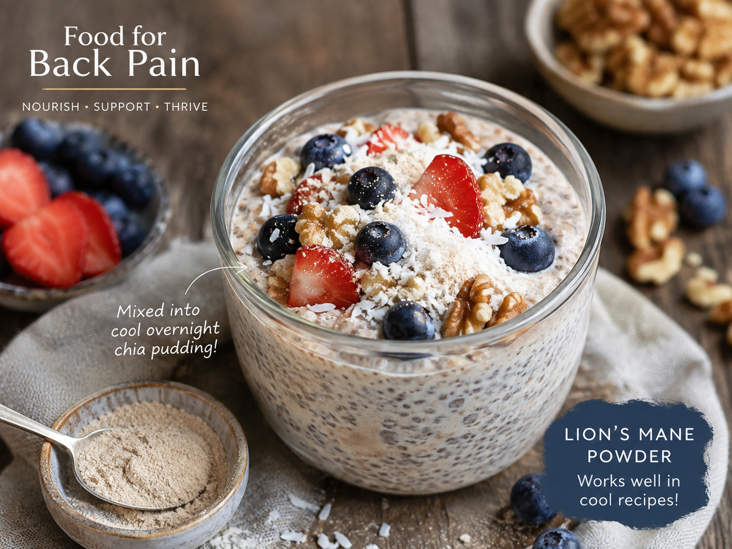 Overnight chia pudding with berries, walnuts and lion's mane powder