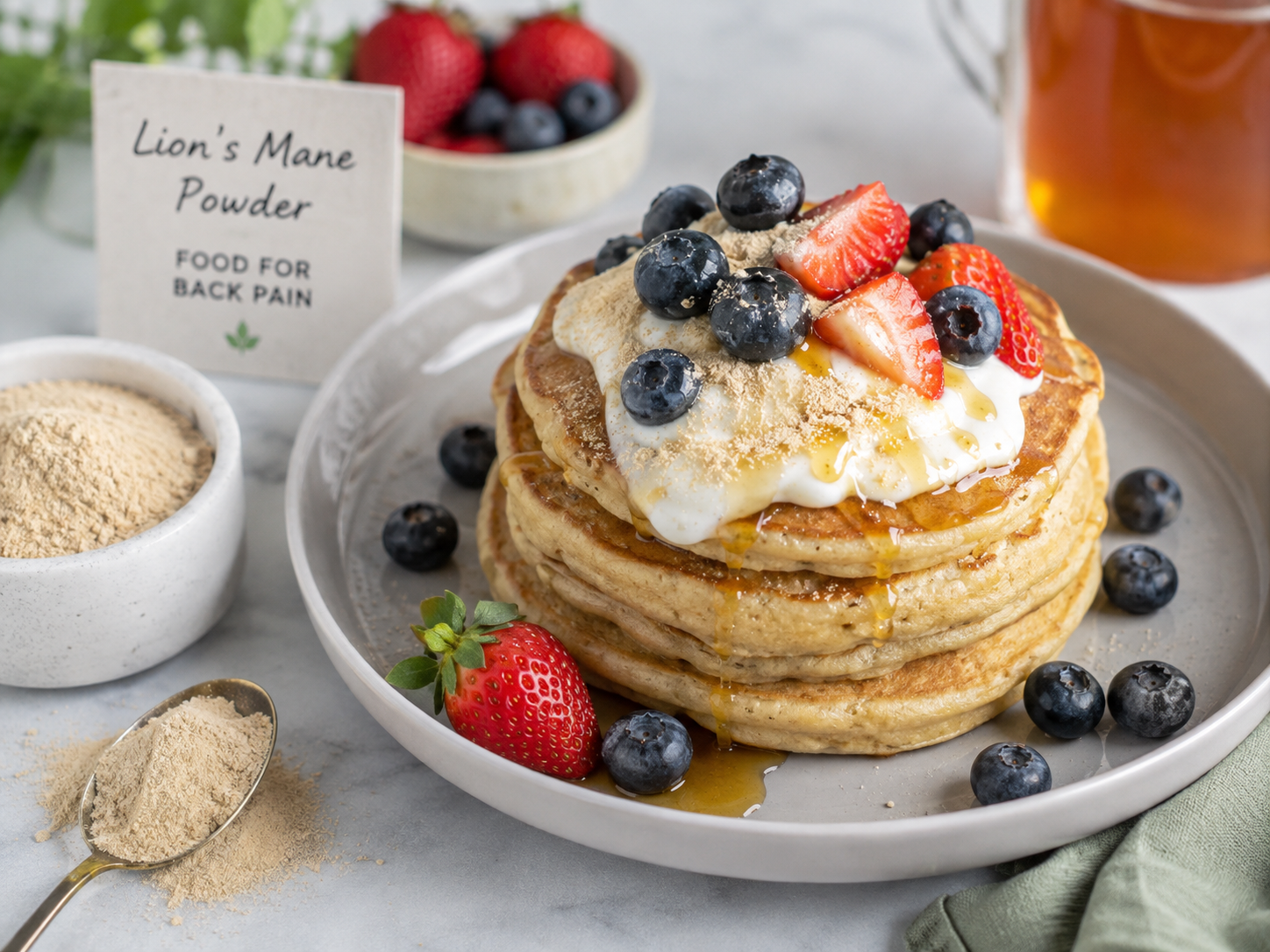 Pancakes with berries, yogurt, honey and lion's mane powder