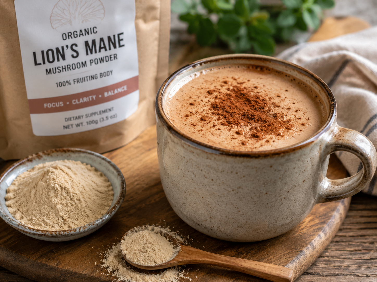 Warm cacao latte beside lion's mane powder
