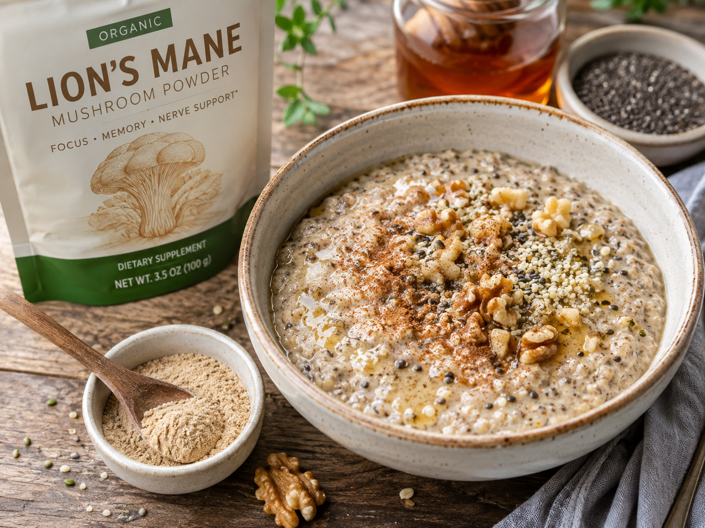 Warm breakfast bowl with chia, hemp, walnuts, honey and lion's mane powder
