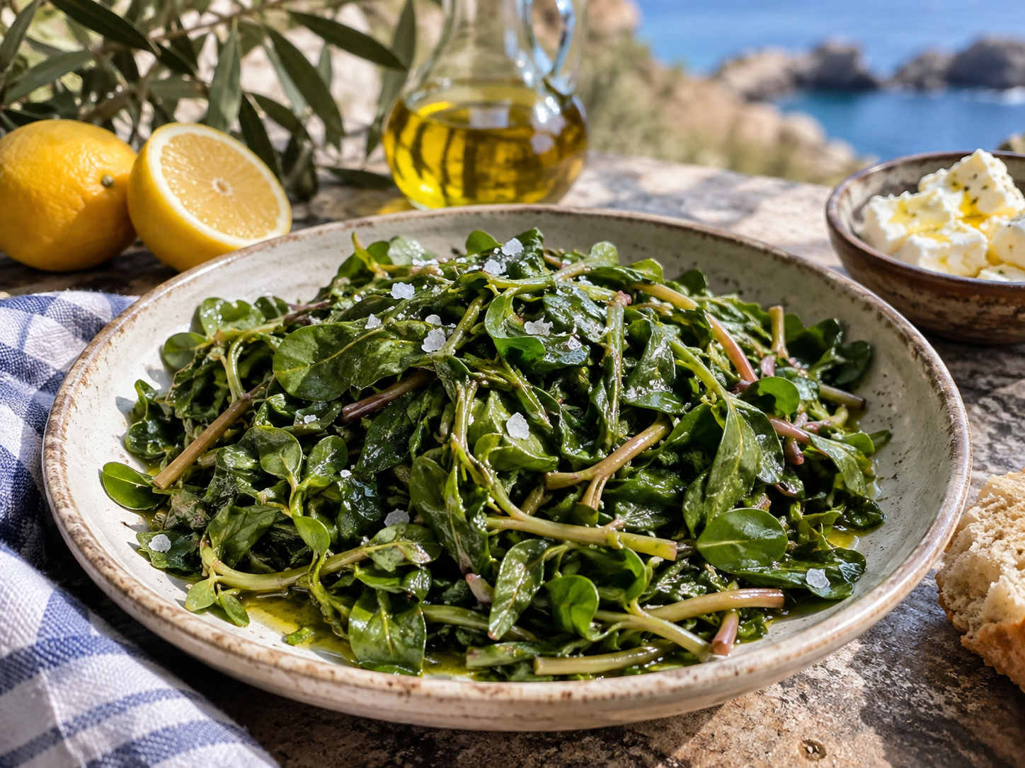 A Greek-style plate of dressed purslane greens with olive oil, lemon and sea salt by the coast.