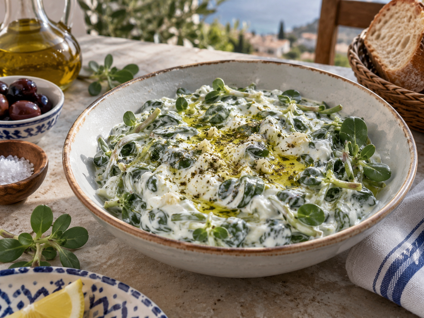 A Turkish-style bowl of purslane folded into thick yogurt with garlic and olive oil.