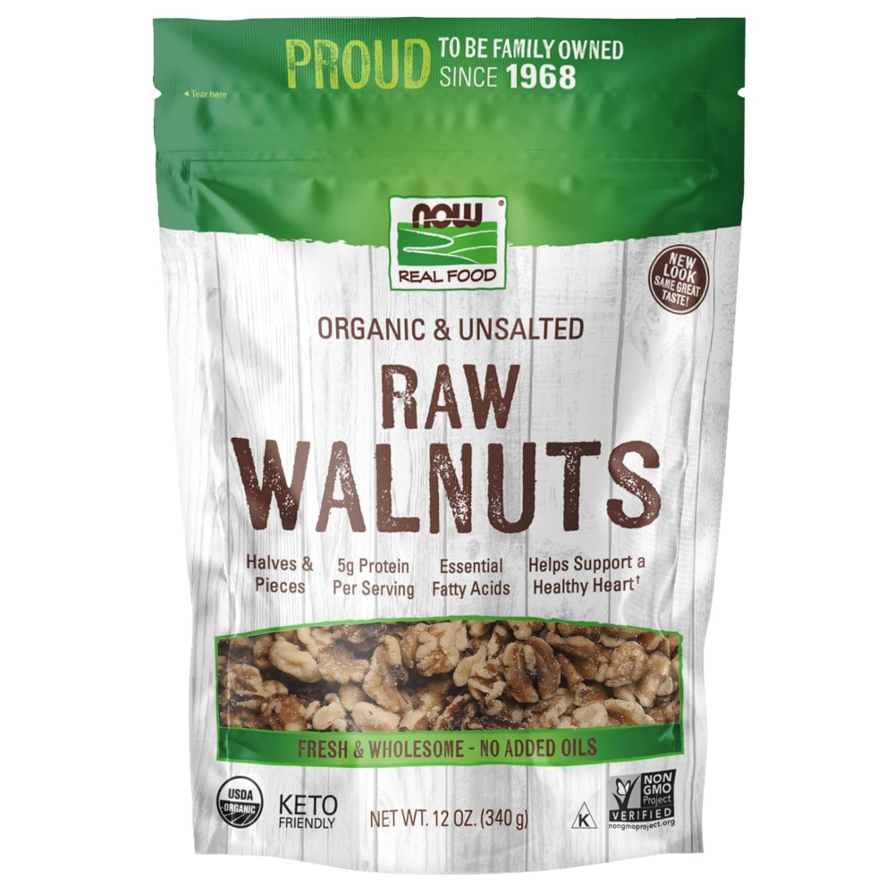 NOW Real Food organic unsalted raw walnuts product bag.
