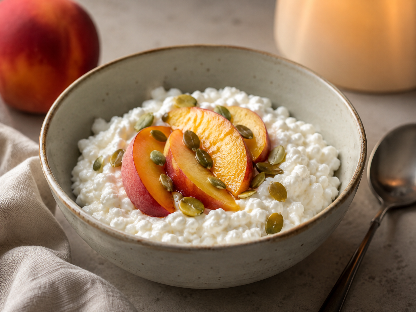 Cottage cheese bowl with peach slices and pumpkin seeds.