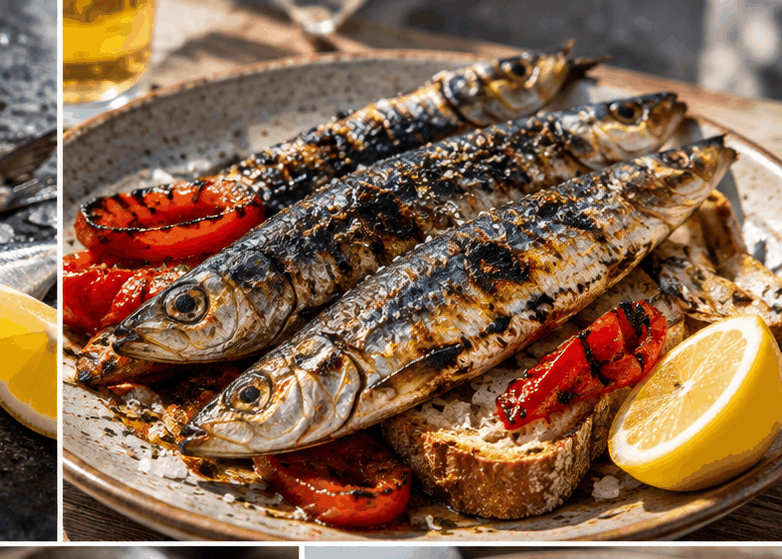 Portuguese-style grilled whole sardines with roasted red peppers, bread and lemon.