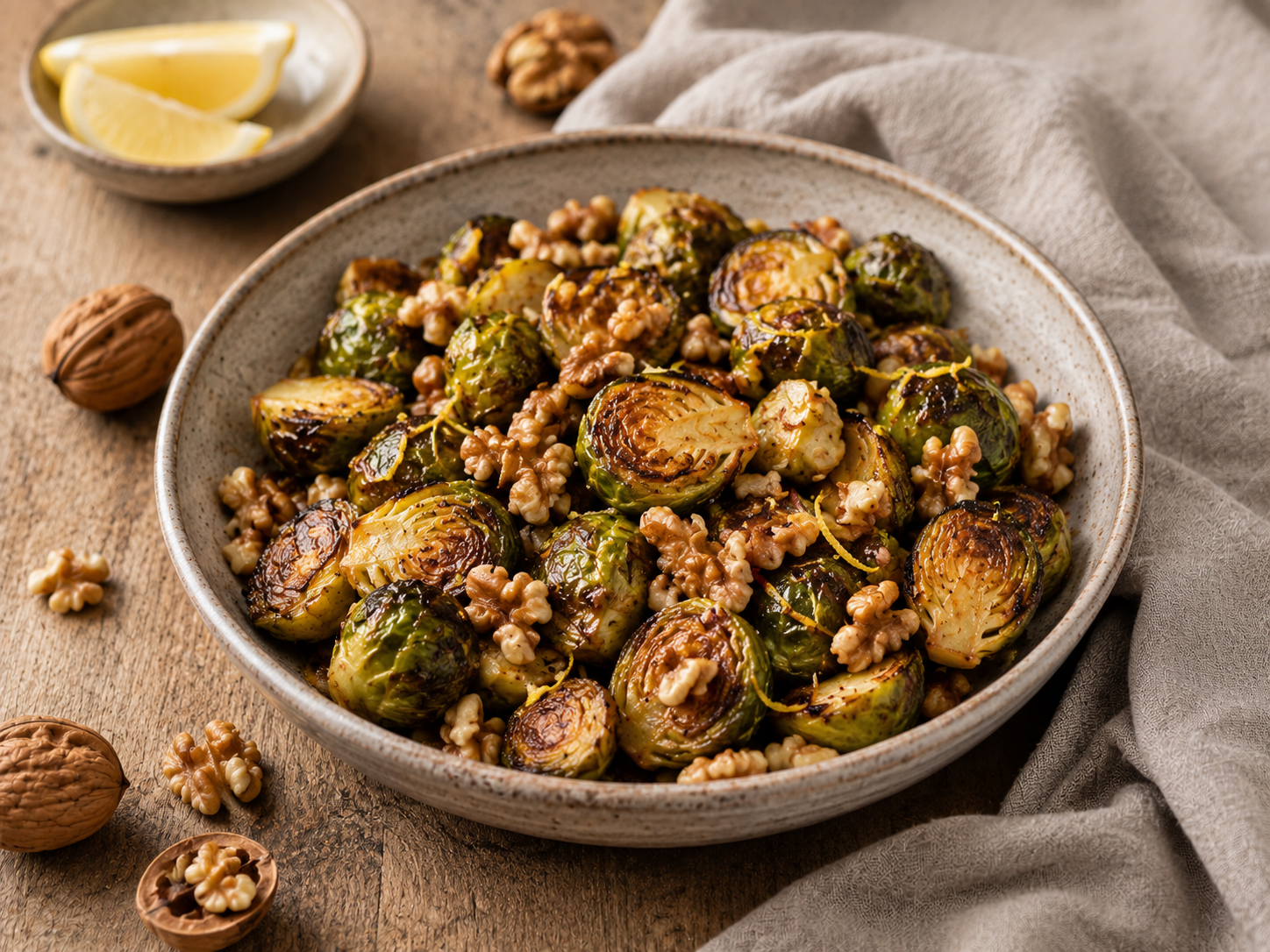 Roasted Brussels sprouts with walnuts and lemon.