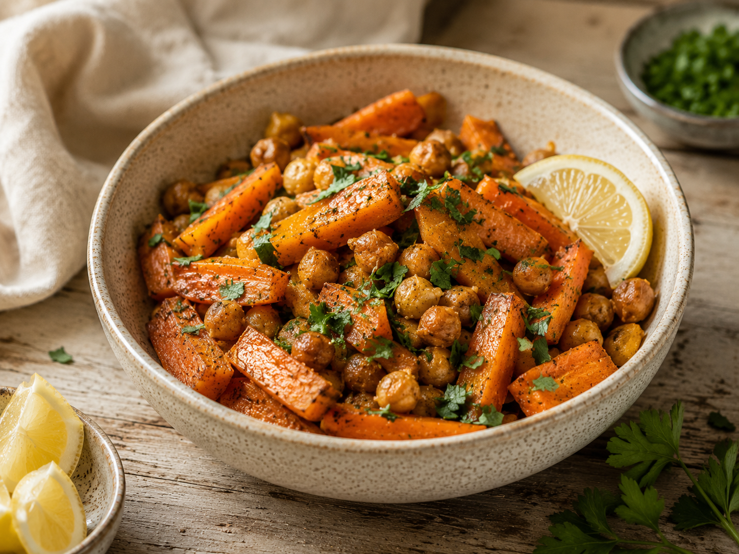 Roasted carrot and chickpea bowl with lemon herbs cumin and Ceylon cinnamon