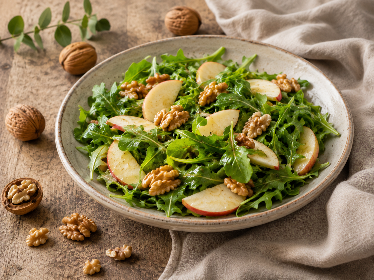 Arugula salad with apple slices and walnuts.