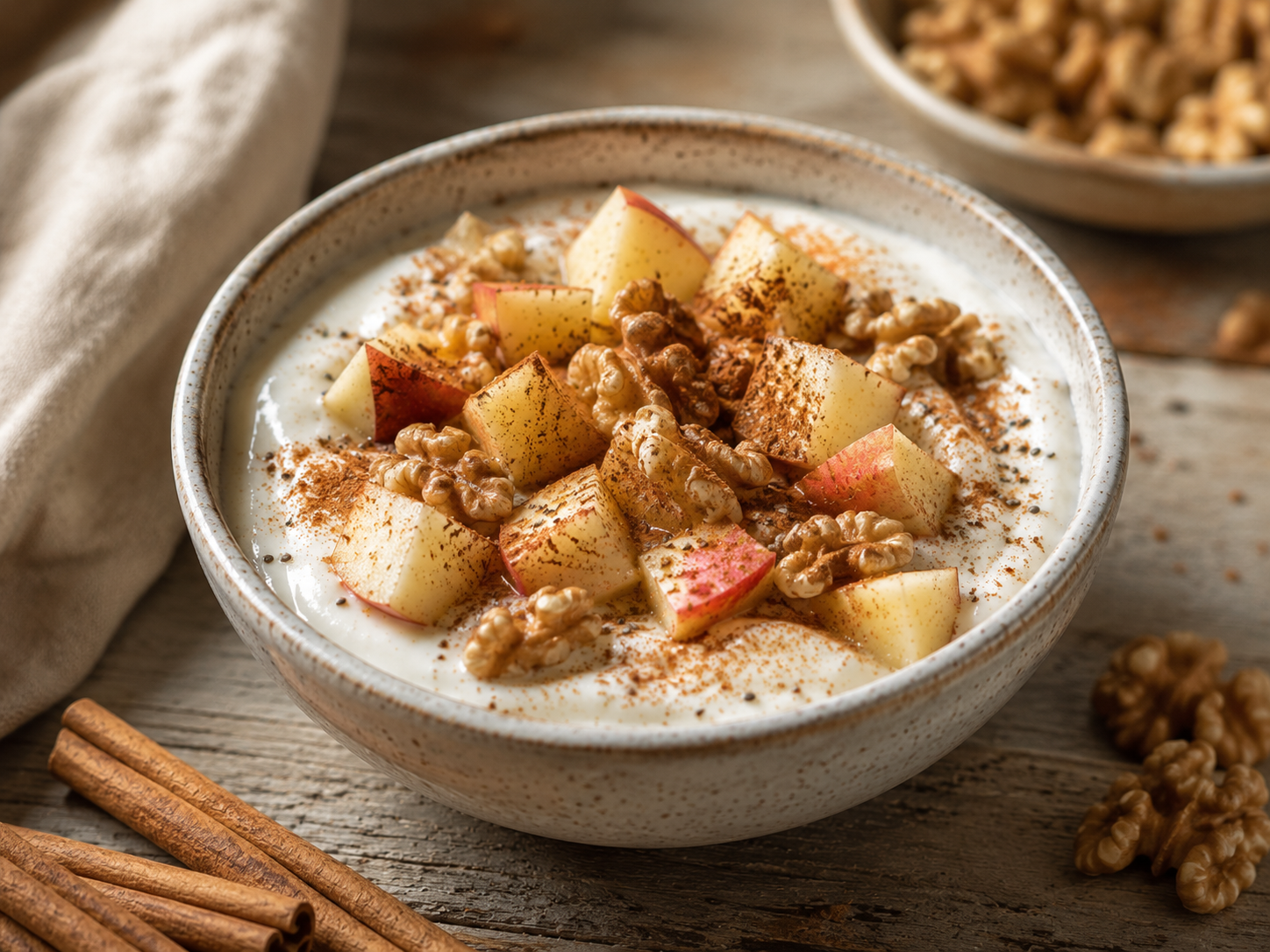 Apple cinnamon Greek yogurt bowl with walnuts and Ceylon cinnamon