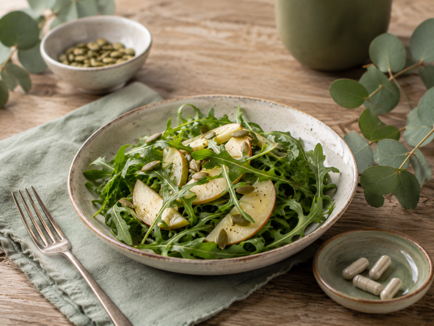 Apple arugula salad with pumpkin seeds.