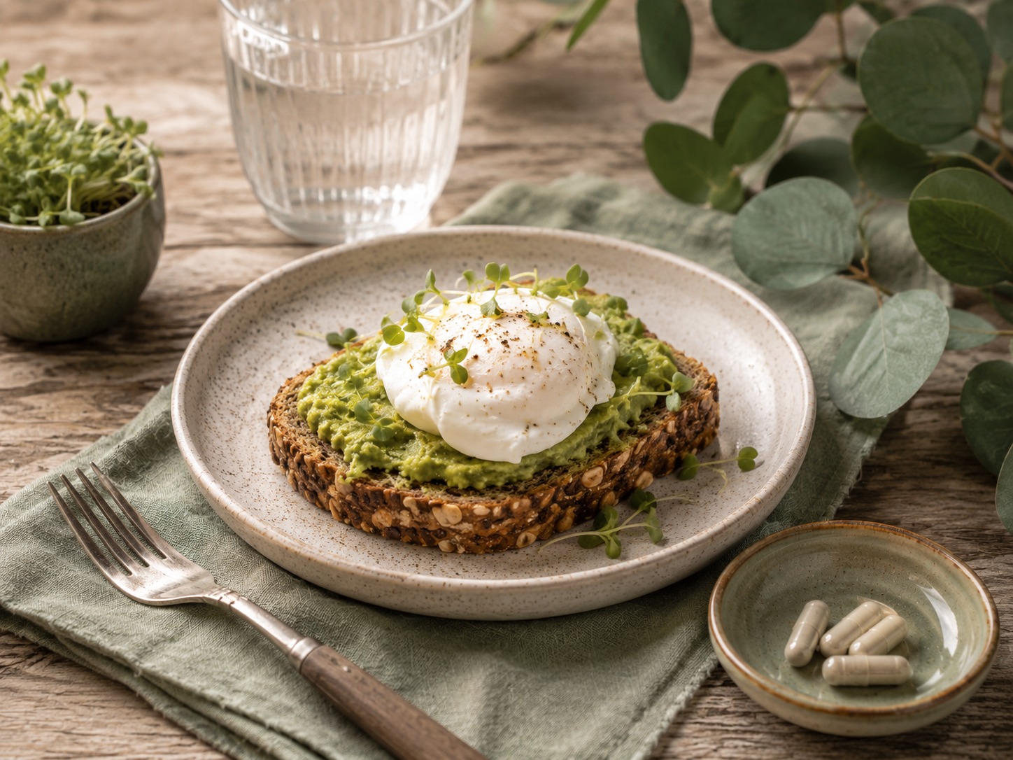 Avocado toast with poached egg and sprouts.
