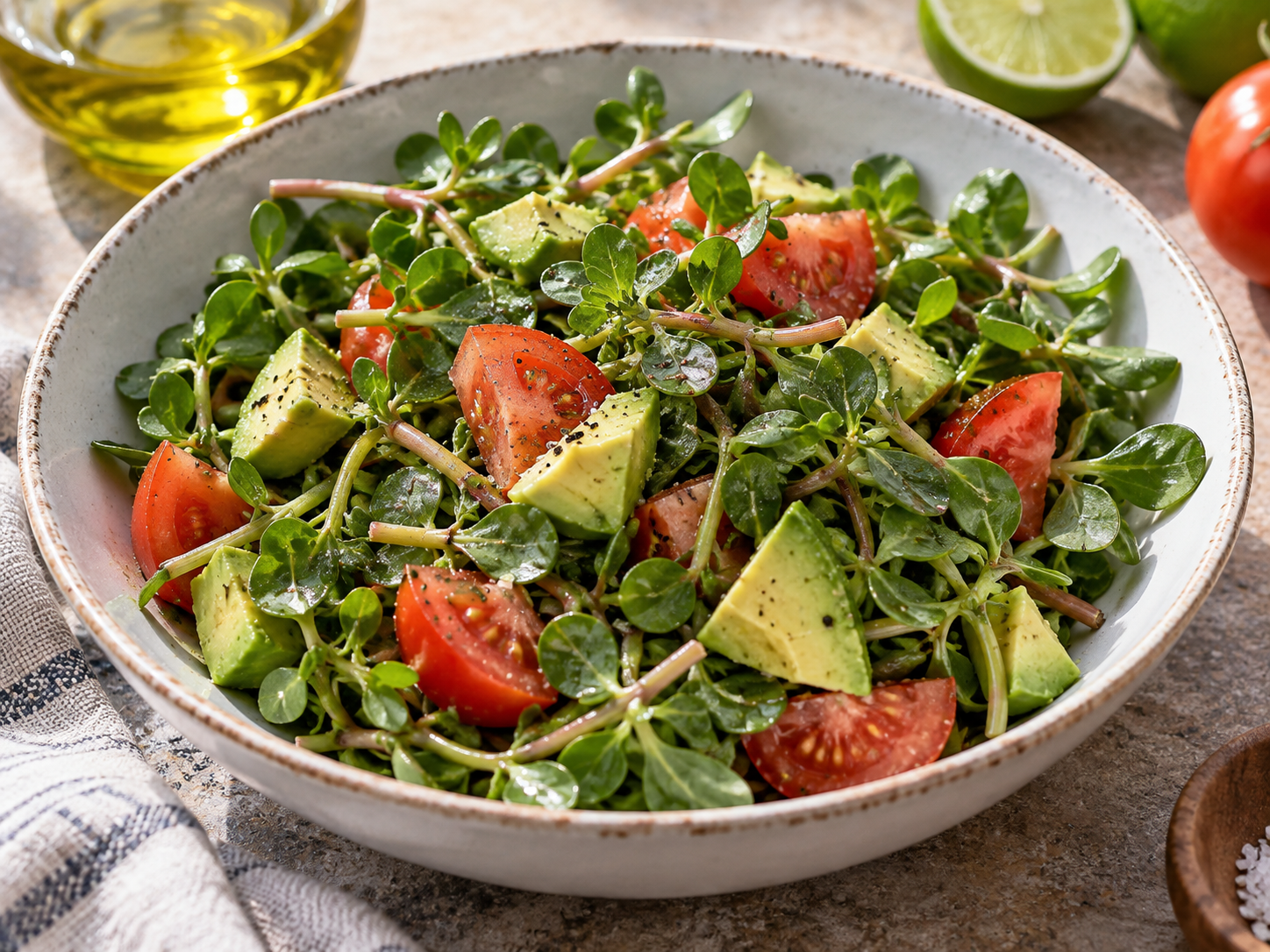 Stephen's easy purslane salad with tomato and avocado in a rustic bowl.