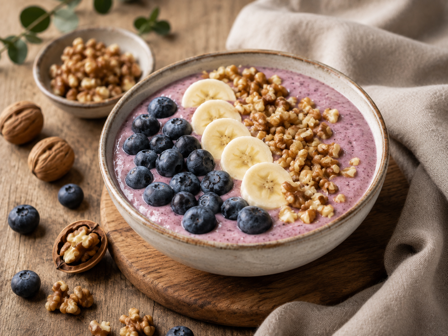 Berry banana smoothie bowl topped with walnuts.