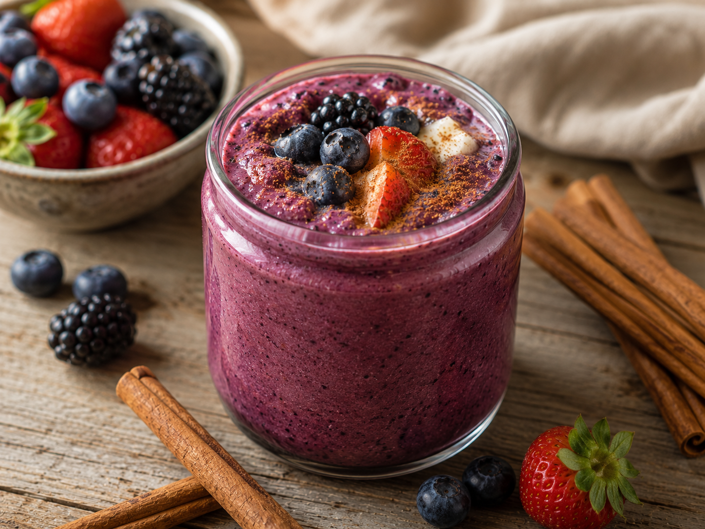 Berry smoothie topped with berries and a dusting of Ceylon cinnamon