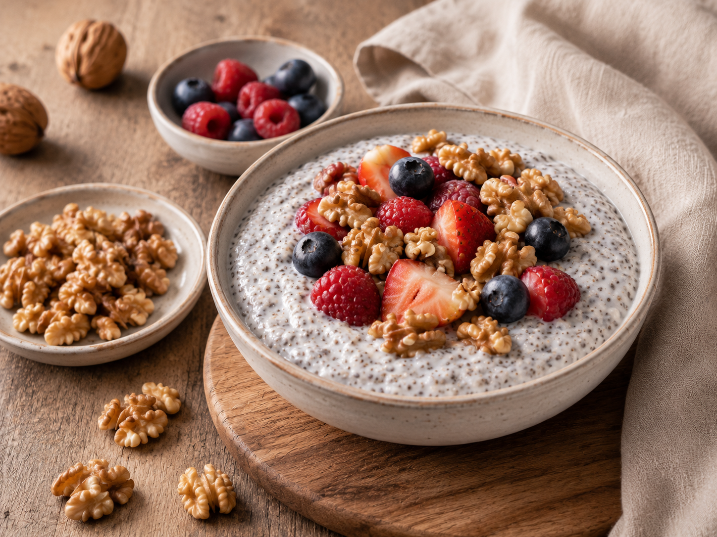Chia pudding topped with berries and walnuts.