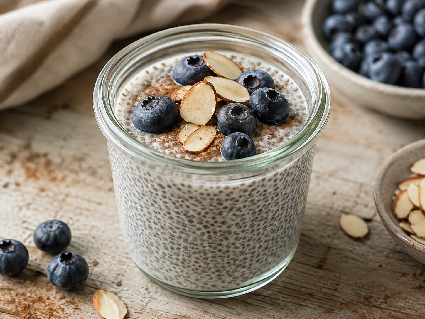 Cold chia pudding with blueberries almonds and Ceylon cinnamon