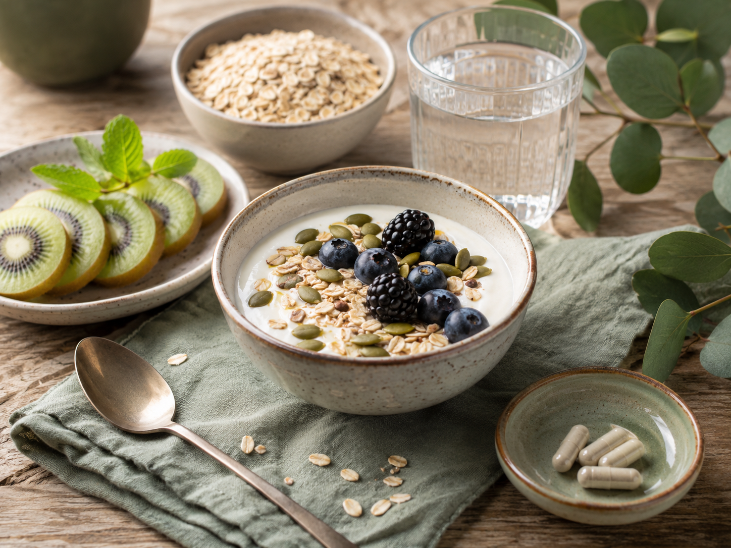 Creamy yogurt bowl with berries, kiwi, oats, and seeds on a rustic table.