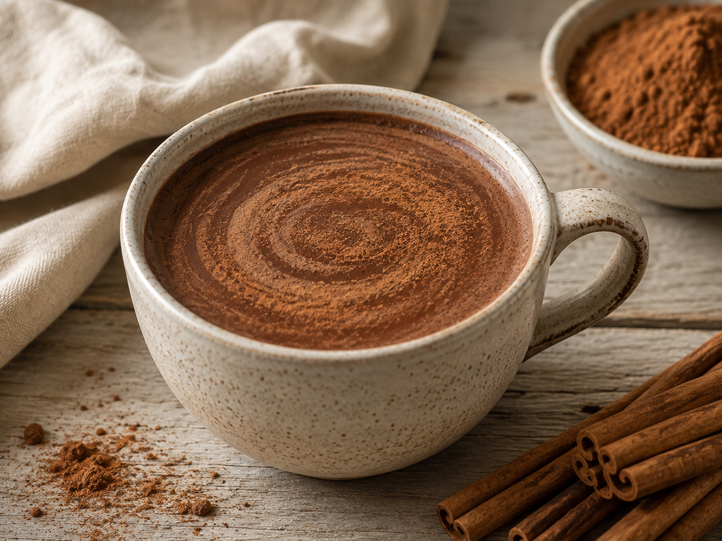 Hot cacao drink dusted with Ceylon cinnamon in a ceramic mug