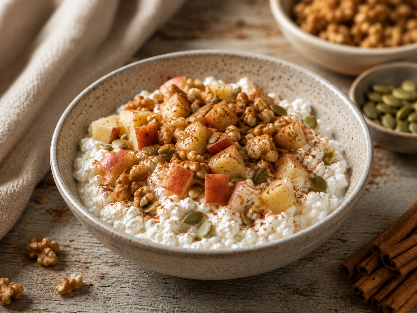 Cinnamon apple cottage cheese bowl with walnuts pumpkin seeds and Ceylon cinnamon