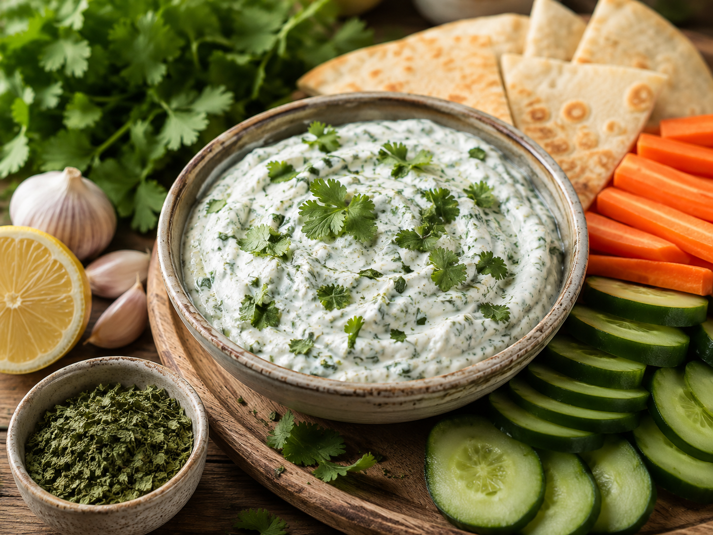 Creamy yogurt cilantro dip with vegetables, lemon, garlic and dried cilantro leaf