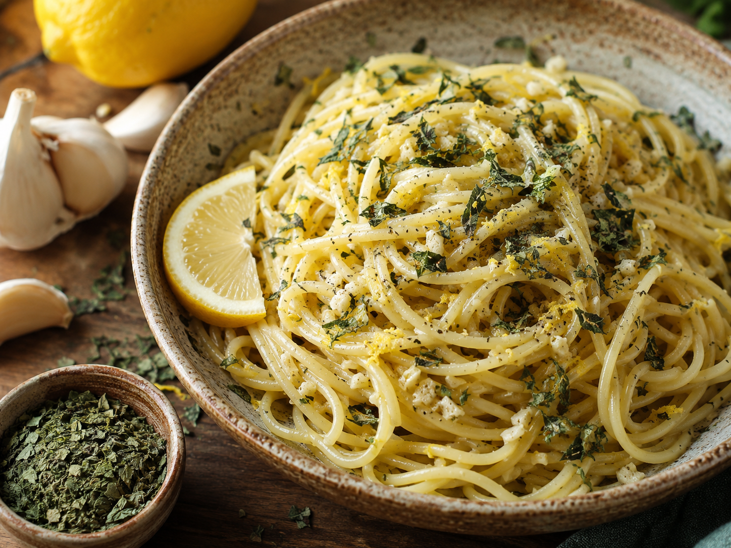 Lemon garlic pasta with dried cilantro leaf and black pepper