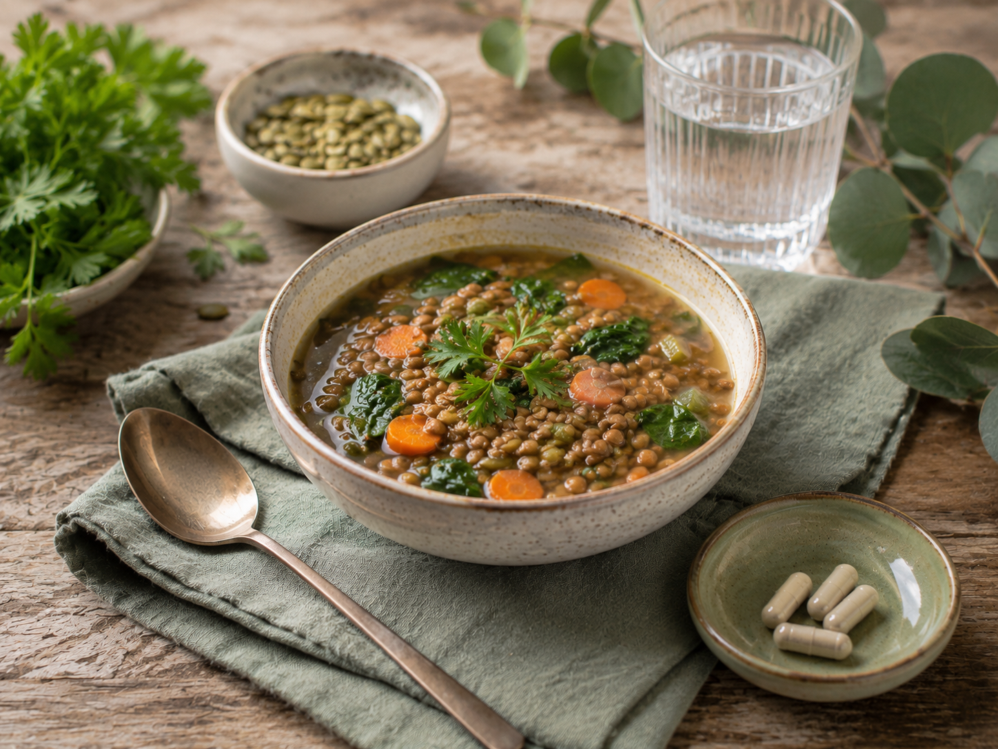 Lentil vegetable soup with spinach and carrots.