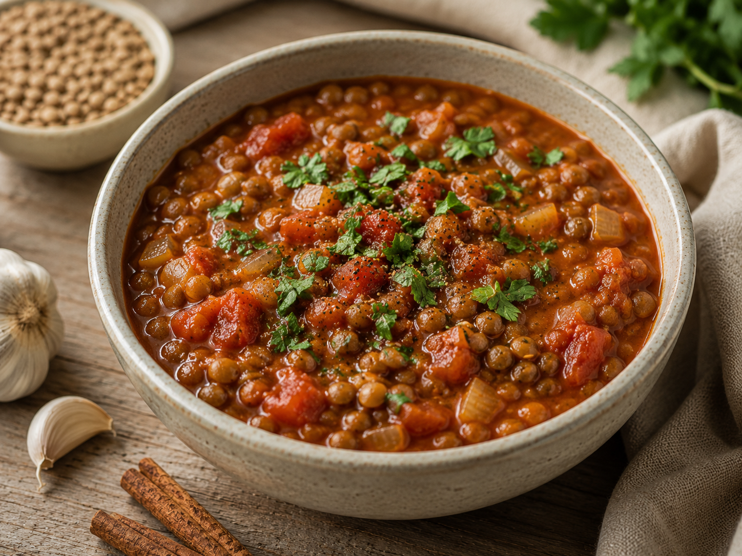 Savoury lentil tomato stew with Ceylon cinnamon and fresh herbs