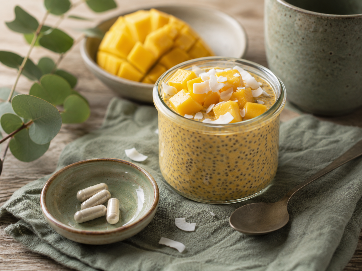 Mango chia pudding with coconut flakes.