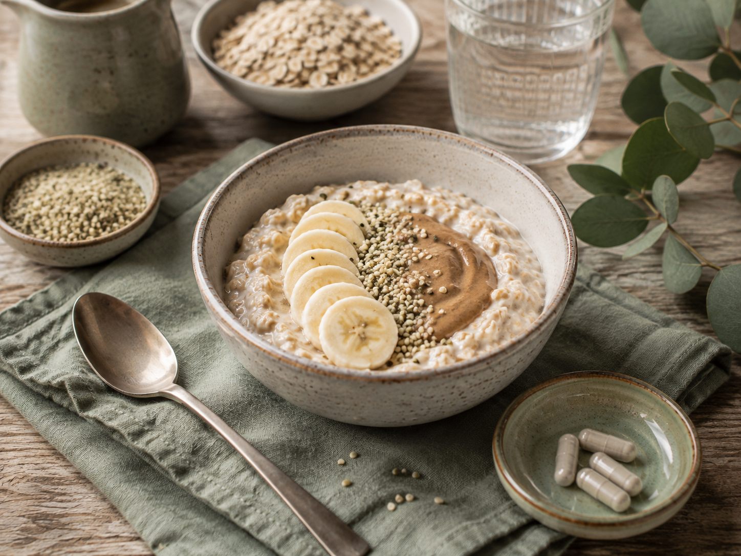 Oat bowl with banana, hemp hearts, and nut butter.