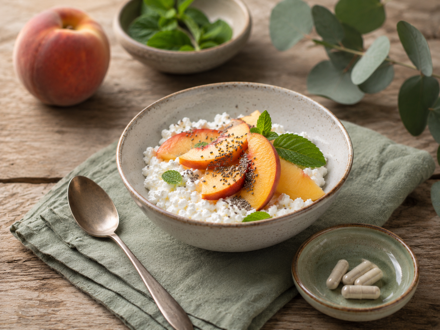 Cottage cheese with peach slices and seeds.