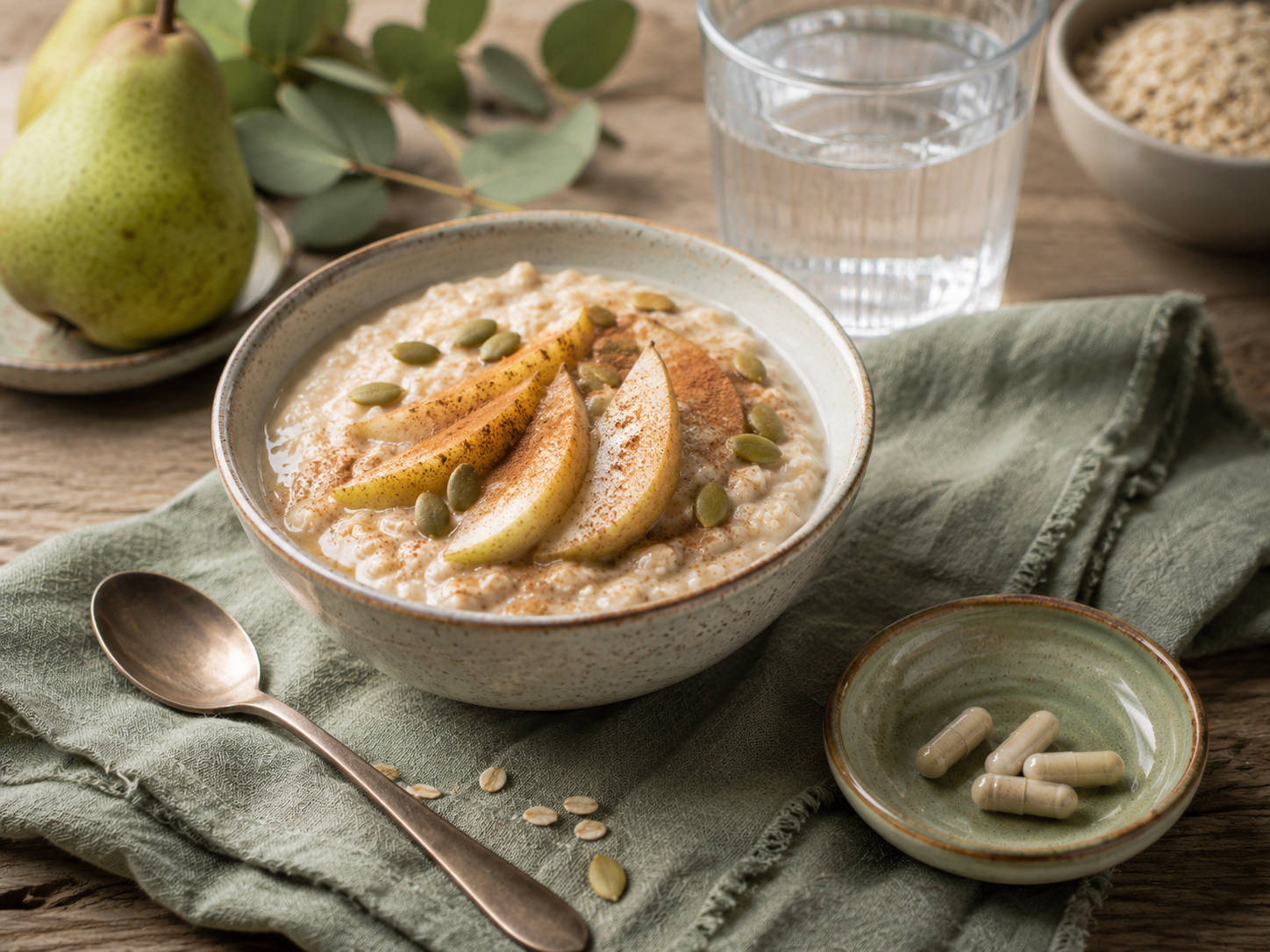 Pear and oatmeal bowl with pumpkin seeds.