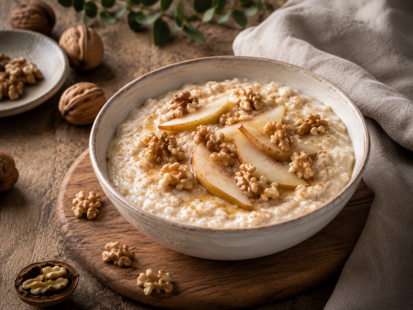 Warm oatmeal topped with pear slices and walnuts.