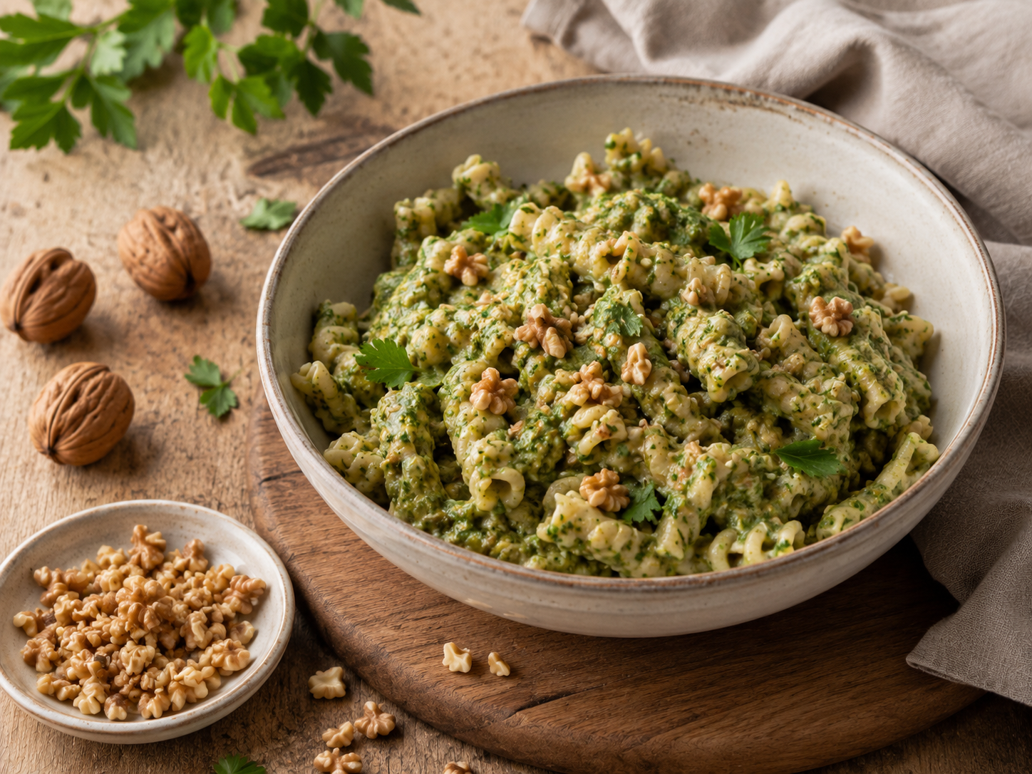 Herby pesto pasta with chopped walnuts.