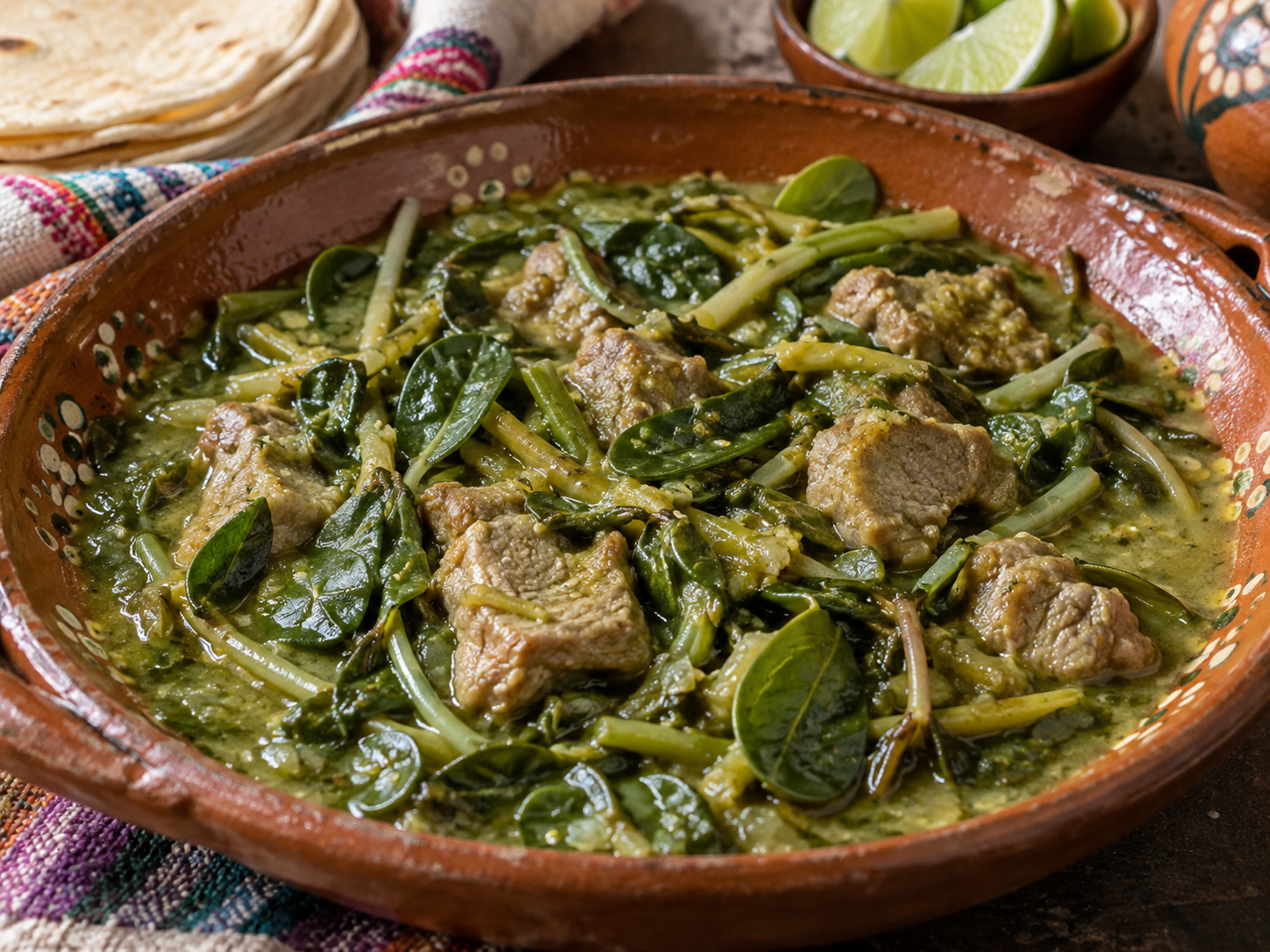 A Mexican-style verdolagas dish with pork simmered in green salsa with purslane.