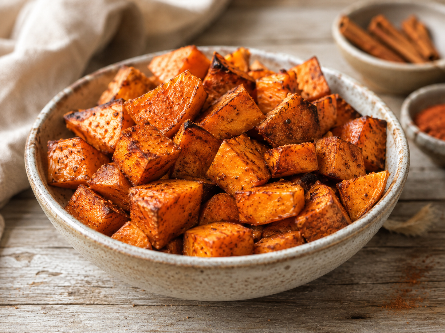 Roasted sweet potato cubes seasoned with Ceylon cinnamon