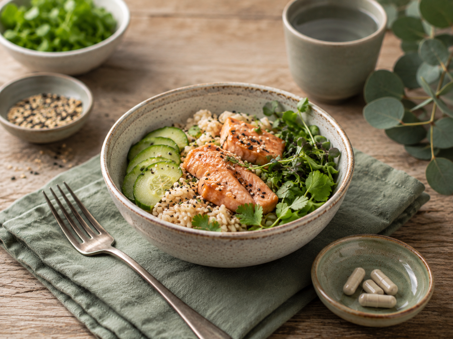 Salmon rice bowl with greens and cucumber.