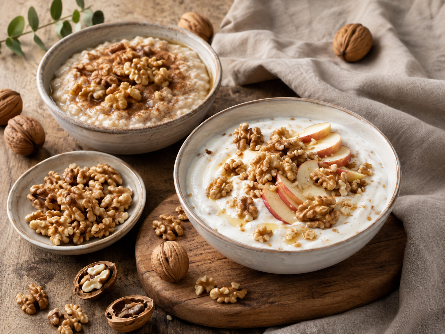 Greek yogurt and oatmeal with apples and walnuts on a rustic breakfast spread.