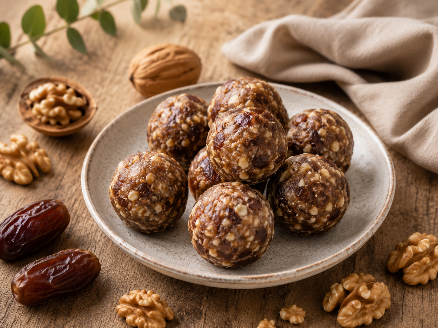 Walnut date energy bites on a ceramic plate.