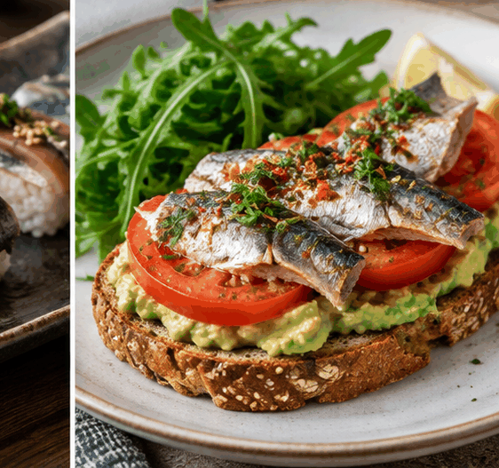 Sardine, avocado and tomato toast with arugula, lemon and herbs.