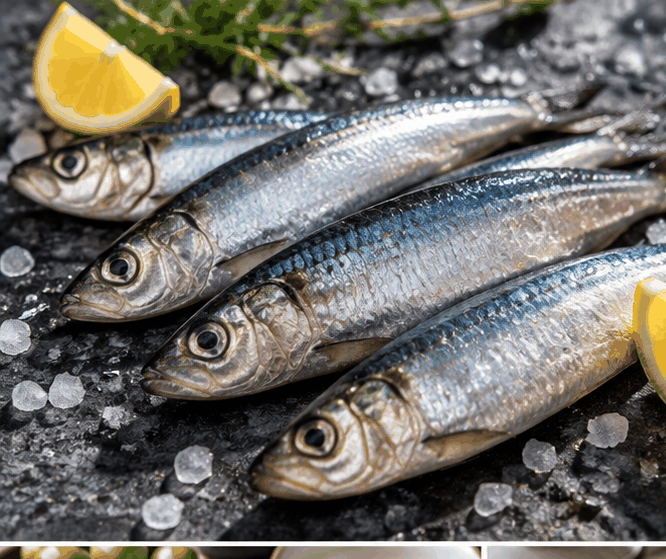 Fresh silver sardines on ice with lemon and herbs.