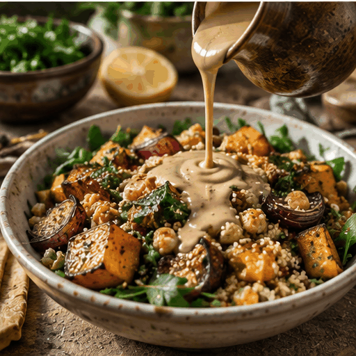 A roasted vegetable and grain bowl finished with a generous tahini drizzle.
