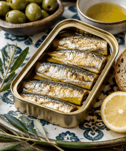 Spanish-style sardines packed in olive oil beside olives, bread and lemon.
