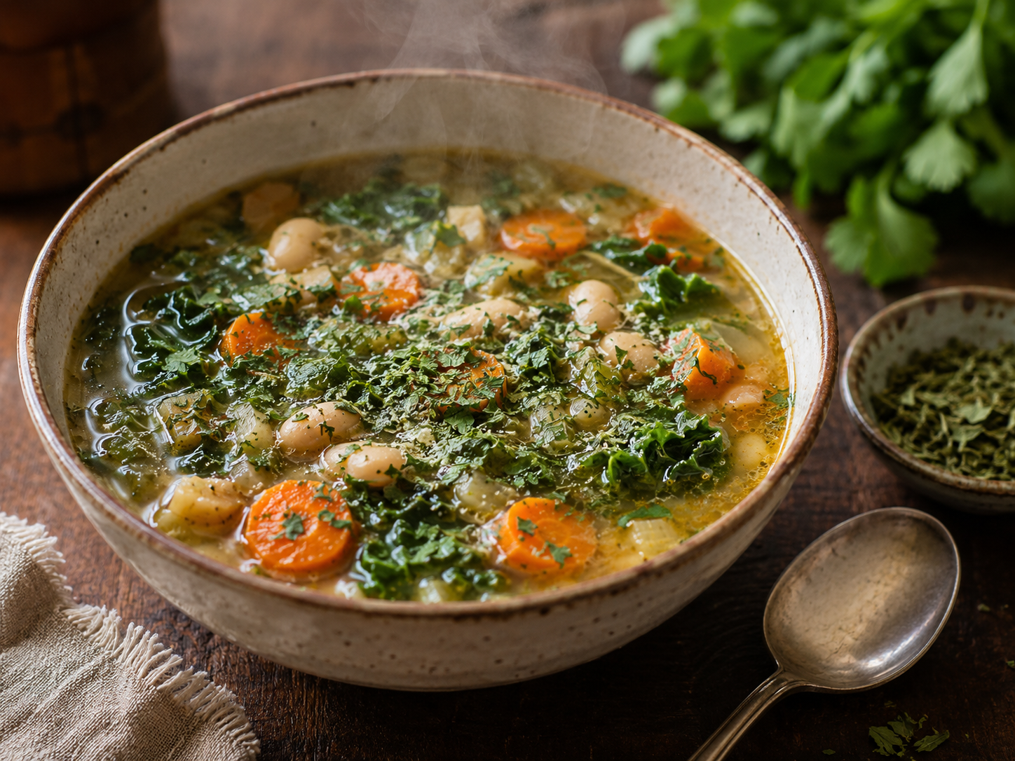 White bean vegetable soup with carrots, greens and dried cilantro leaf